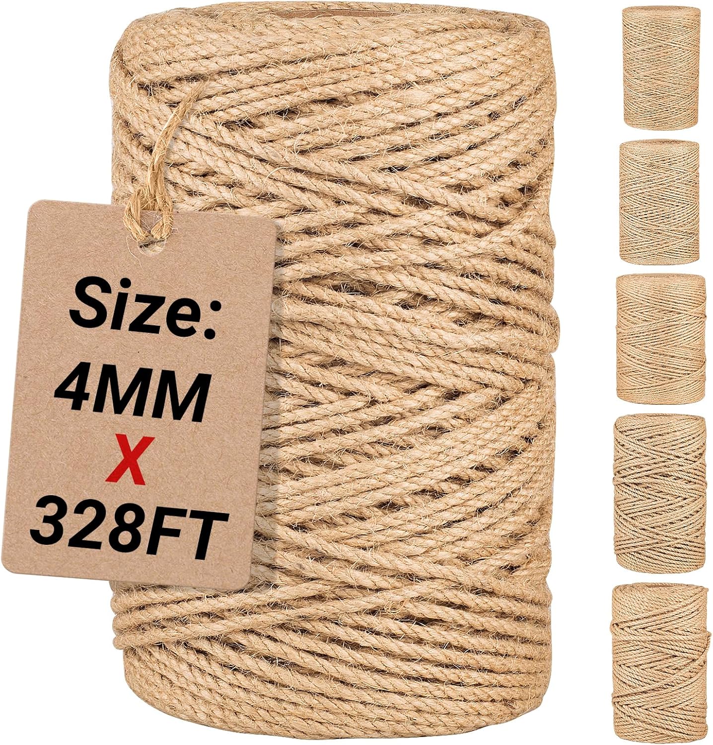 Natural Jute Twine String,Bulk Jute Rope Cord Twine for Crafting Gardening,Roll of Thick and Thin Twine for Gift Wrapping,Brown Decorative Rope,Ornament Twine for Cat Scratch Post (4mm x 328ft)