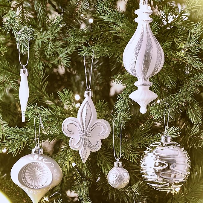 Valery Madelyn Fall Ornaments for Christmas Trees, 60ct White and Silver Shatterproof Christmas Tree Decorations, Luxury Hanging Ball Ornaments Bulk for Thanksgiving Autumn Harvest Decor