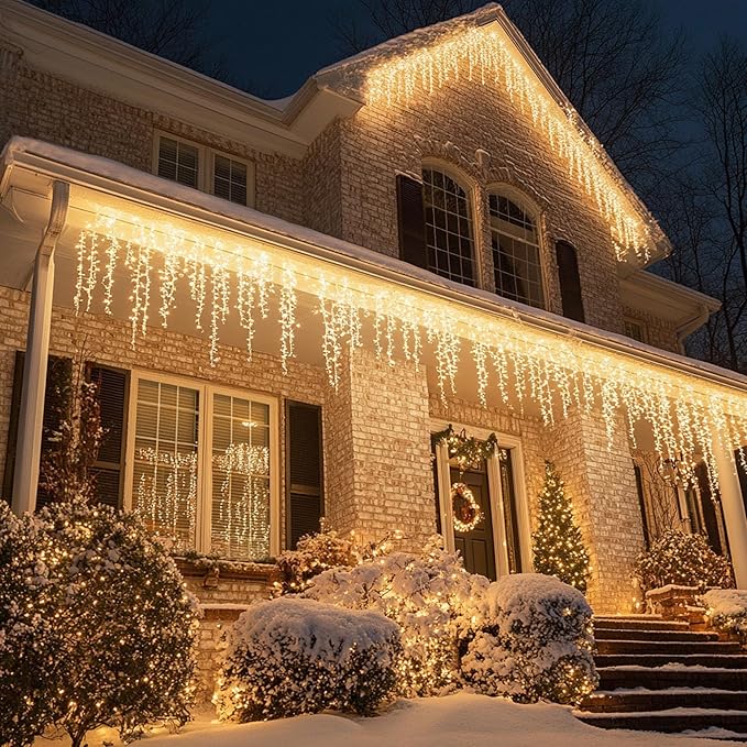 Dazzle Bright Christmas Icicle Lights, 88.5 FT 1080 LED 8 Modes Curtain Fairy Lights with 180 Drops, Xmas String Lights for Outdoor Holiday Wedding Party Decorations (Warm White)