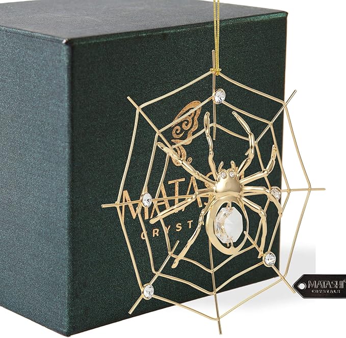 Matashi 24K Gold Plated Crystal Studded Lucky Spider Hanging Ornaments for Christmas Tree Spider Miracle Traditions, Decor - with Story of The Tradition of Tinsel Legend Spider on Web Ornament