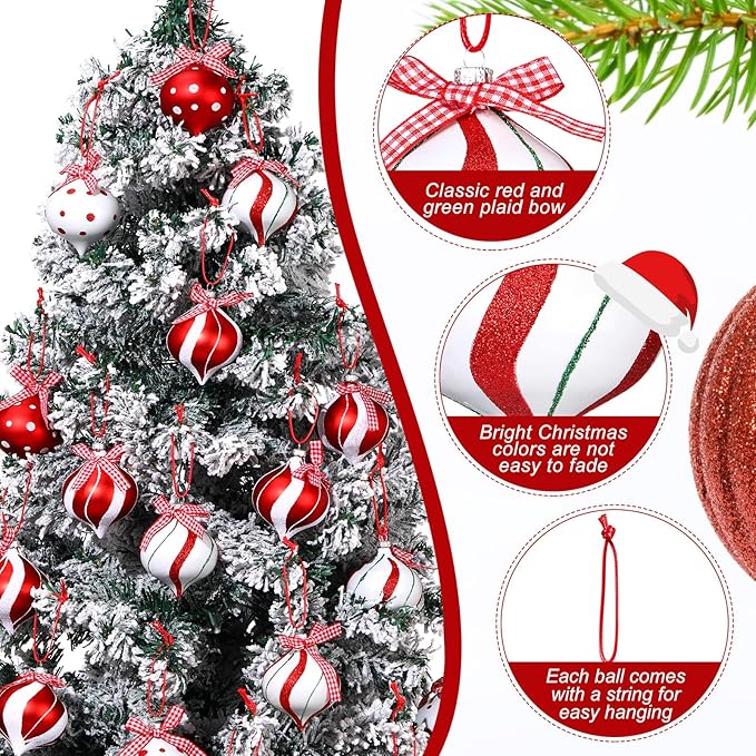Syhood 24 Pcs Christmas Tree Ornaments, Christmas Ball Decorations Set, Shatterproof Baubles Xmas Tree Hanging Decor, Peppermint Candy Ball Red White Green Stripes Party Holiday(Classic,2.56 Inches)