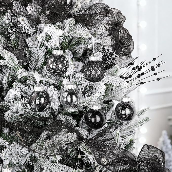 Ouddy Decor 36 Pcs Clear Christmas Ball Ornaments, 2.36" Shatterproof Black Plastic Christmas Ornaments Set Decorative Hanging Transparent Baubles for Xmas Tree Holiday Party Decor, Black