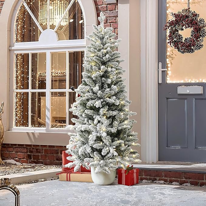 LuxenHome 5FT Small Potted Christmas Tree, 10 Flash Modes Flocked Christmas Tree with Pot, Artificial Xmas Trees with 150 Multi-Color LED Lights, Lighted Pine Trees for Indoor, Outdoor Holiday Display