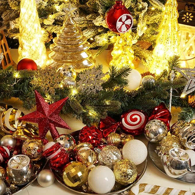 XmasExp 99-Pack Christmas Ball Ornaments Assorted Shatterproof Christmas Tree Decorations with Hand-held Gift Package for Xmas Tree,Home,Party(Green-Gold)