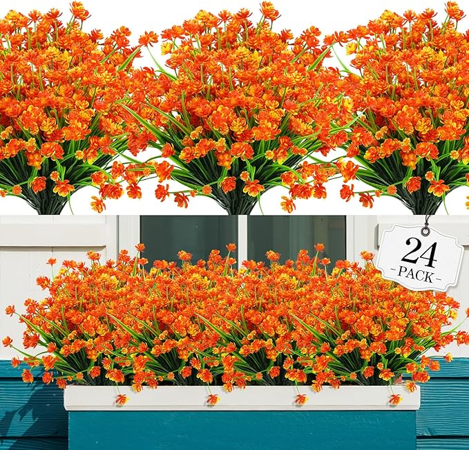 AGIRL 24 Bundles Artificial Fall Flowers Outdoor Indoor Decoration,Fake Plastic Flowers,Faux Mums Plant for Thanksgiving Fall Decor,for Hanging Outside Garden Front Door Porch Patio Window Box