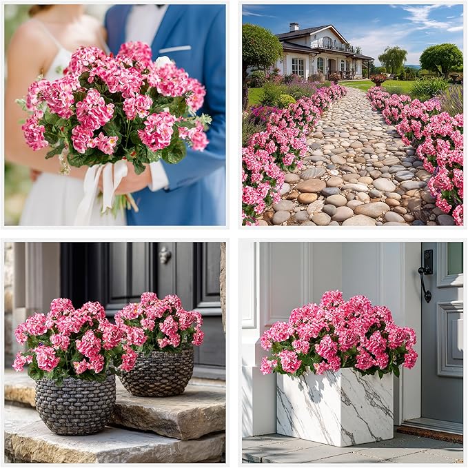 Artificial Geranium Flowers for Outdoors Geraniums Artificial Flowers Realistic Faux Geraniums for Outdoor Planters Silk Geranium Outdoor Fake Flowers Porch Home Kitchen Garden Decor(4PCS，Pink)
