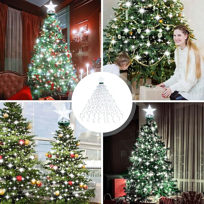 aneeway Christmas Tree Lights with Star Toppers, 410 LED Christmas Lights with 8 Modes & Memory Function, 6.6FT x 16 String Lights with Remote Control & Timing for Xmas Ornaments - Cold White