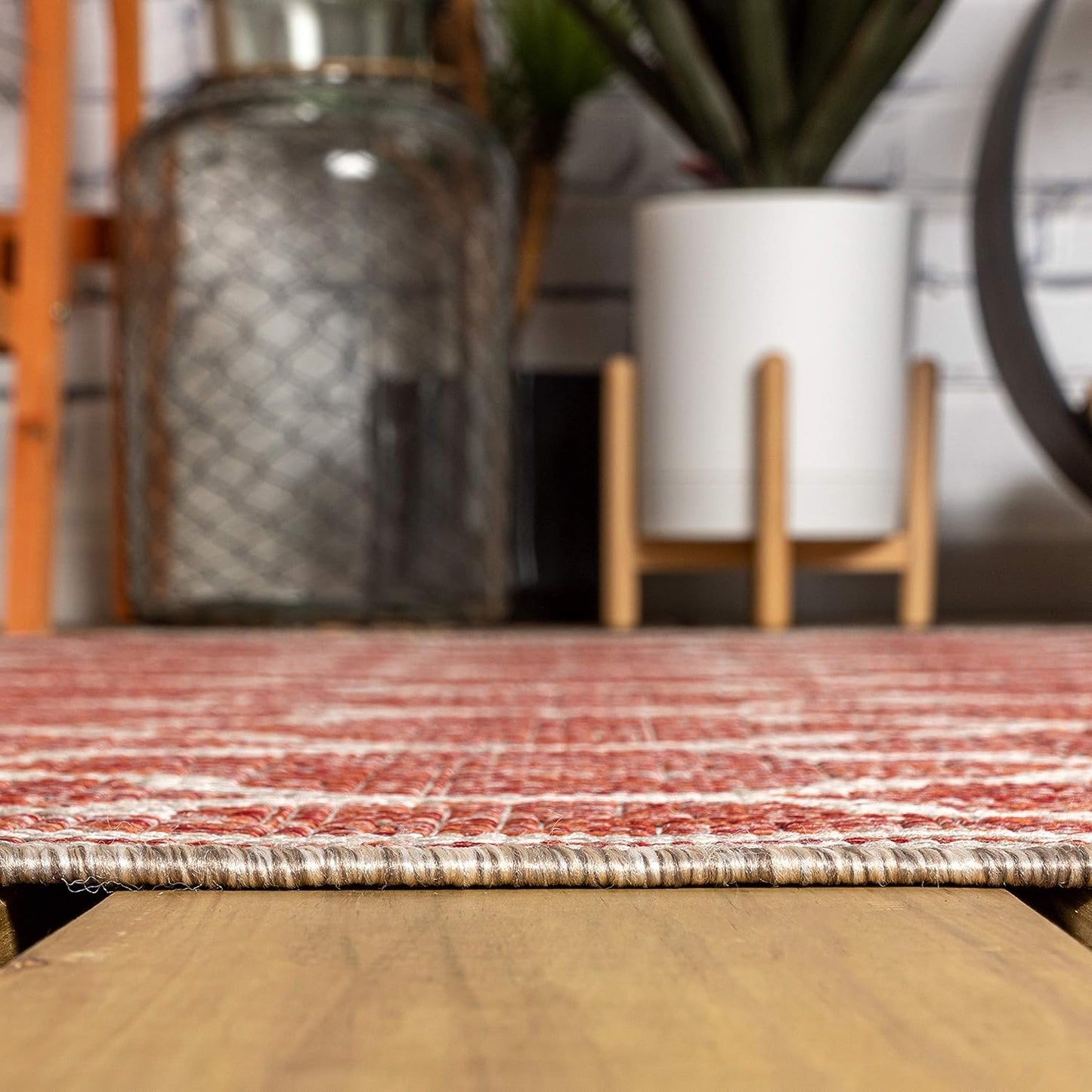 Eyely BMS109C-3R Santa Monica Trebol Moroccan Trellis Textured Weave, Pet Friendly, Non-Shedding, Stain Resistant, Easy-Cleaning, Red/Beige, 3' Round, Indoor/Outdoor, Area Rug