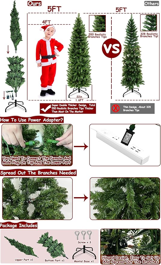 5 Ft Prelit Pencil Artificial Christmas Tree with Timer 180 LED Warm White & Colorful Change Lights 8 Modes Plug in 550 Branch Tips Metal Stand Slim Tree Xmas Decor Indoor Outdoor