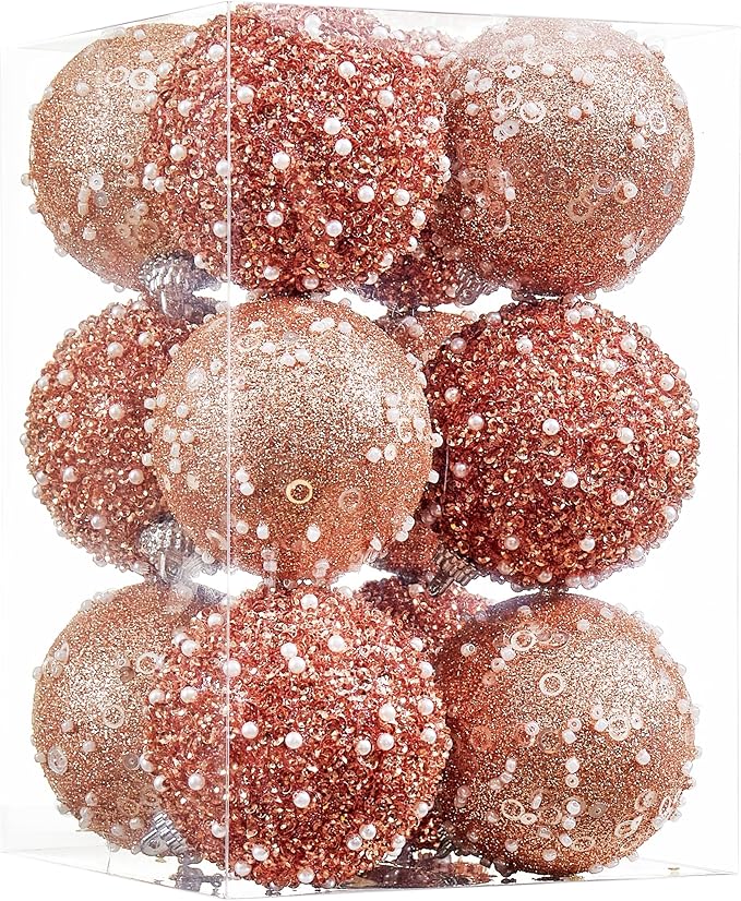 12CT Christmas Ball Ornaments, Rose Gold Christmas Ball Decorations Shatterproof Plastic Hanging Pearl Balls for Holiday Party(70mm/2.76")