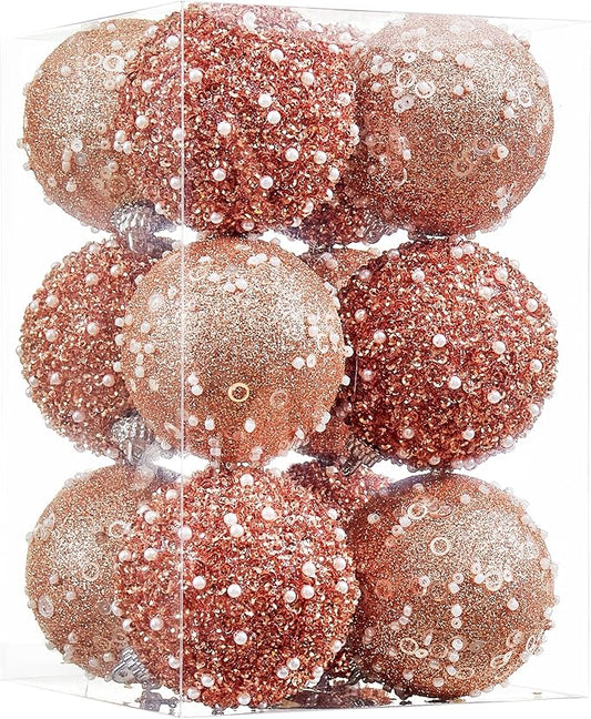 12CT Christmas Ball Ornaments, Rose Gold Christmas Ball Decorations Shatterproof Plastic Hanging Pearl Balls for Holiday Party(70mm/2.76")