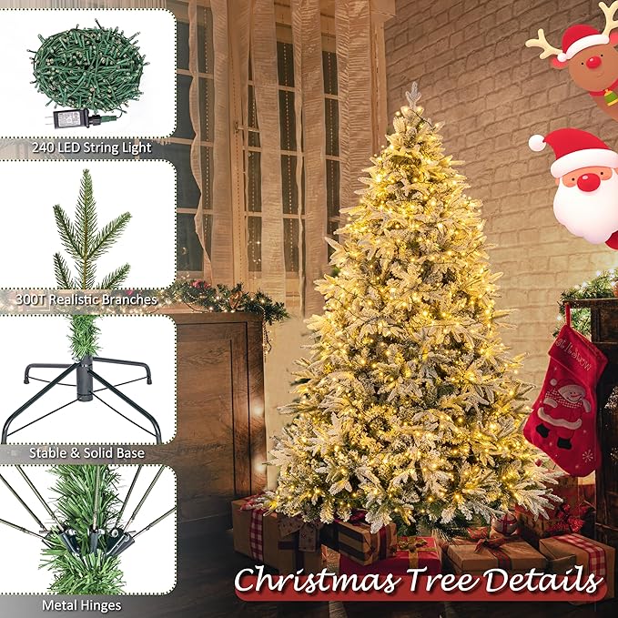 Sunnyglade 4ft Artificial Snow Flocked Christmas Tree with 240 LED Lights (Not pre-lit), Xmas Tree Full Tree with 300 Branch Tips & 11 Modes Light, RGB & Warm White Light, Foldable Stand for Home