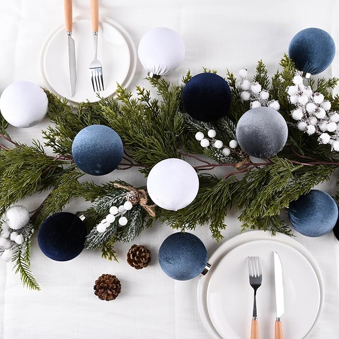 Velvet Christmas Ornaments Balls for Tree - 15pcs Blue Shatterproof Christmas Ornaments for Xmas Decorations - Multicolor Royal Dusty Blue, 80mm 3.15inch