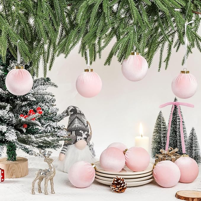 24 Pack Velvet Christmas Ornaments Balls for Tree, 12 Pcs 3.15 Inch Large Velvet Christmas Balls and 12 Pcs Vintage Bows for Xmas Tree Garland Wreath Holiday Party Indoor Home Decor
