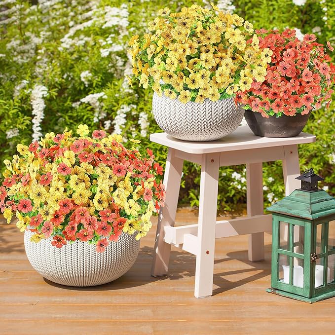 AmyHomie 16 Bundles Artificial Flowers for Outdoor Outside Summer Fall Decoration UV Resistant Faux Flowers No Fade Fake Plastic Plants Garden Porch Window Box Decorating