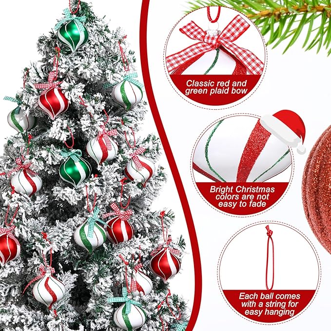 Syhood 24 Pcs Christmas Tree Ornaments, Christmas Ball Decorations Set, Shatterproof Baubles Xmas Tree Hanging Decor, Peppermint Candy Ball Red White Green Stripes Party Holiday(Bright,2.56 Inches)