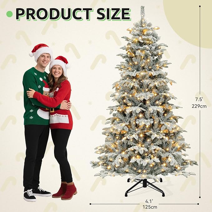 GOOBED 7.5 ft Prelit Snow Flocked Christmas Tree, Layered Spruce Christmas Tree w/ 1010 Thickened Branch Tips, 450 Lights and Remote for Home, Office, Restaurant & Commercial Events, White Flocked