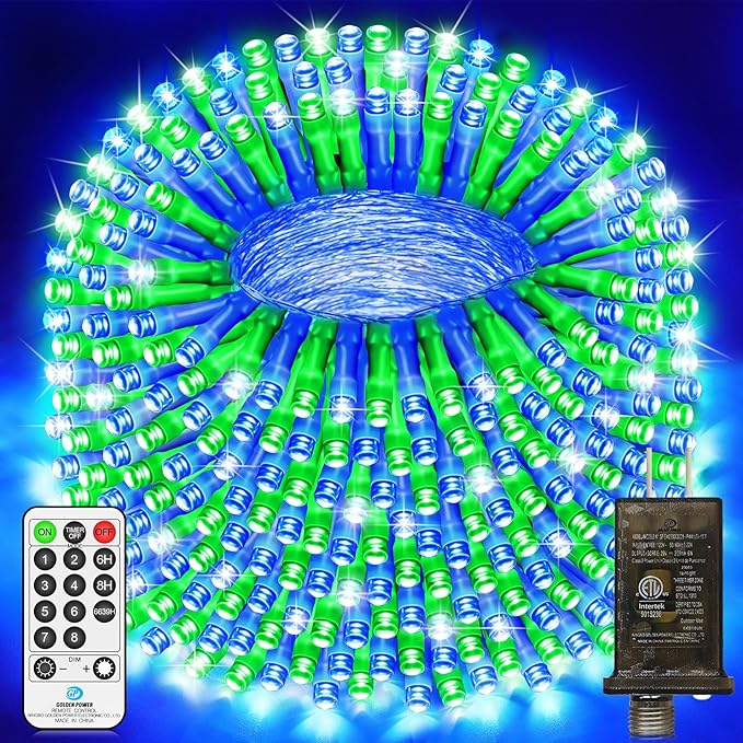 200 FT 500 LED Christmas Lights Outdoor Fairy Lights Plug In Extra Long String Lights Clear Wire Waterproof 8 Modes Timer for Outside House Tree Garden Yard Wedding Party Decorations-Blue & Green