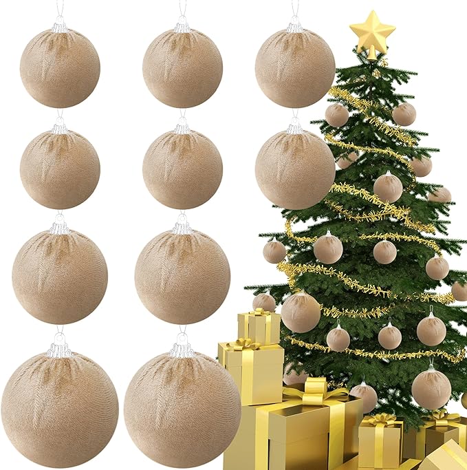 Gresorth Decoration DIY Christmas Tree Velvet Hanging Fabric Wrapped Ball Bulk Handmade Sphere Ornament House Cabinet Table Kitchen Khaki 10pcs