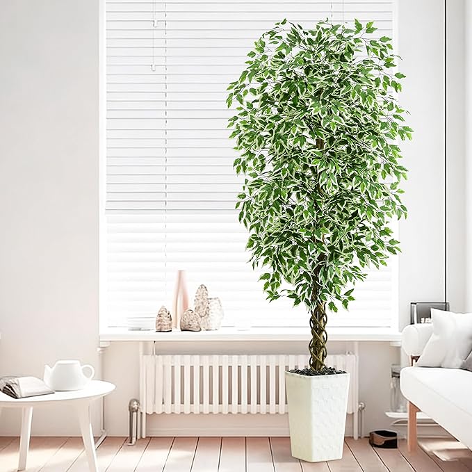 Artificial Ficus Tree Indoor 6FT Fake Plants Large Artificial Plant with Crack White Tall Planter, Green Lifelike Lush Fake Ficus Tree for Home Living Room Bedroom Outdoor Balcony House Office Decor