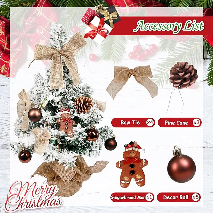 Sunnyglade Mini Christmas Tree, 24 Inch/2 FT Lighted Tabletop Artificial Xmas Tree with Music Box, Gingerbread Man Tag and Decor Ball, DIY Small Tree with LED for Holiday Home Party Decor