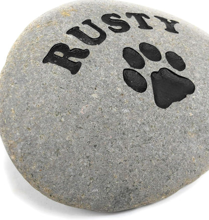 Personalized River Stone Pet Memorial Stones Headstone Grave Marker for Dog or Cat 8 inches to 10 inches Natural Rock Customized with Name and Paw Print