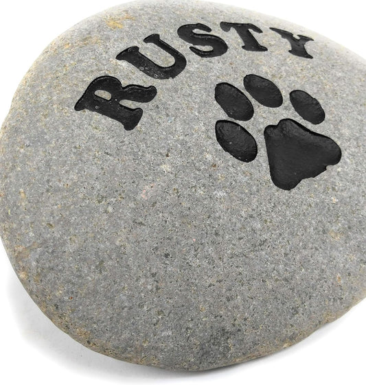 Personalized River Stone Pet Memorial Stones Headstone Grave Marker for Dog or Cat 8 inches to 10 inches Natural Rock Customized with Name and Paw Print