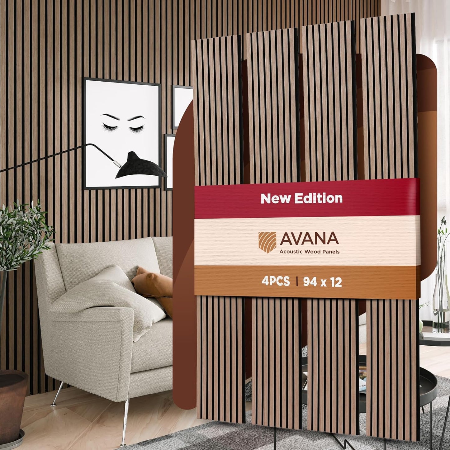 Avana Acoustic Wood Wall Panels – 94.4 x 12.6 Inch Smoke Walnut Acoustic Panels 4 PCs – Wall Panels For Interior Wall Decor For Homes, Offices, Studios – Pleasing Wood Panels For Wall