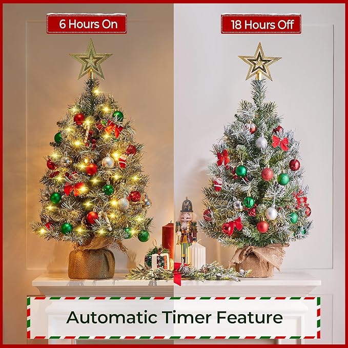 Yaheetech Set of 2 Pre-Lit Artificial Mini Christmas Tree, 3ft Frosted Tabletop Small Christmas Tree with LED Lights, Red Berries & Natural Pinecones for Holiday Decoration