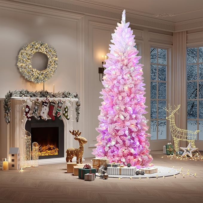GAOMON 9Ft Snow Flocked Pencil Christmas Tree, Slim Artificial Christmas Tree with Sturdy Metal Stand, Skinny Xmas Tree Holiday Decoration for Home, Office, Pink Gradient