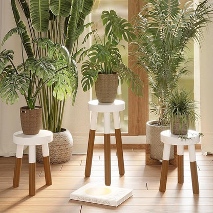 12" Reverse Dipped Wood Plant Stand, Wood Accent Stool,Side Table Set (24" Tall)