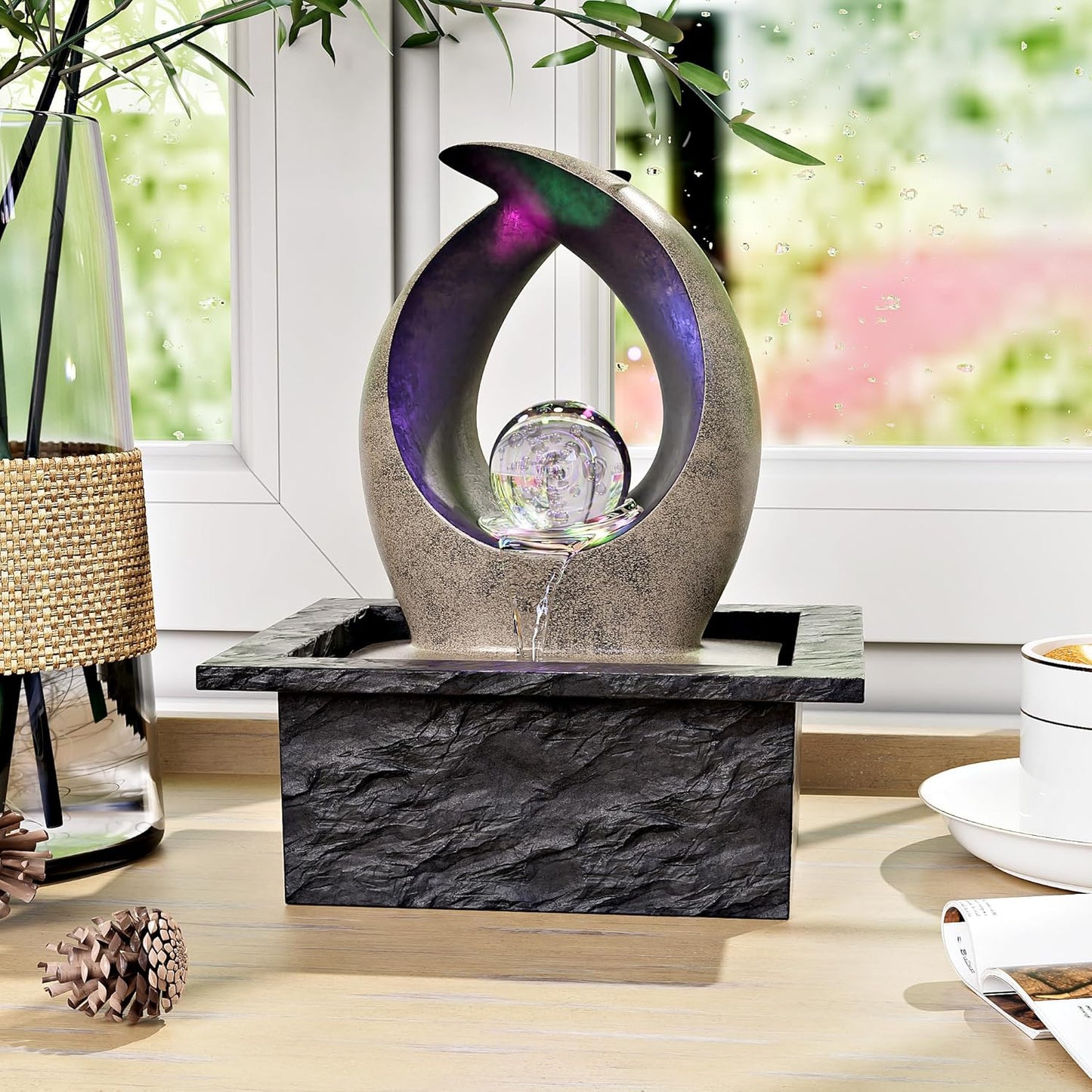 Tabletop Water Fountain, Indoor Desk Waterfall, Meditation Fountain with LED Lights Rolling Ball & Curved Form, Home Office Decor