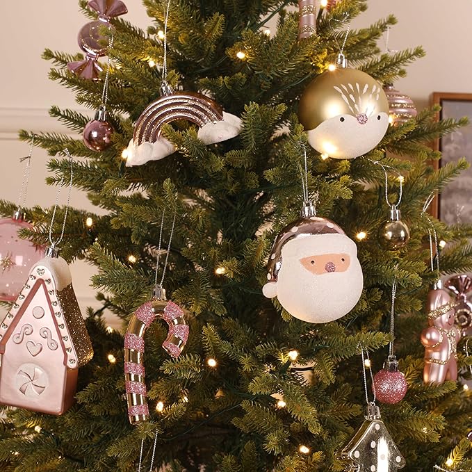 Alupssuc 65pcs Christmas Balls Ornaments Set, Shatterproof Plastic Baubles Gingerbread House, and Tree Topper for Xmas Tree Holiday Wedding Party Decorations with Hanging Strings, Gold & Pink