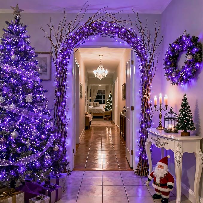 JMEXSUSS 500 LED Purple Christmas Lights, 173ft 8 Modes Christmas String Lights Outdoor Waterproof, Green Wire Purple LED Light for Indoor Party House Xmas Decorations