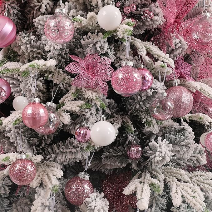 Wironlst Christmas Ball Ornaments Shatterproof Clear Large Plastic Hanging Ball Decorative Baubles Set with Stuffed Delicate Decorations (Multi-Size, Pink)
