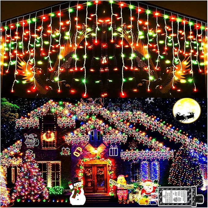 KNONEW Christmas Lights Outdoor Decorations 400 LED 33ft 8 Modes Curtain Fairy String Light with 75 Drops, Clear Wire LED String Light Indoor Decor for Wedding Party Christmas (Red and Green)