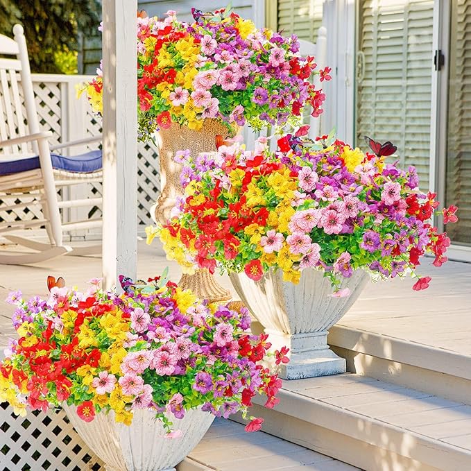 20 Bundles Artificial Flowers for Outdoors‌ with 6 Faux Butterflies, UV Resistant Fake Flowers‌ with Eucalyptus Leaves, Artificial Plants Outdoor‌ for Patio Garden Porch Home Decor (Mix 4 Colors)