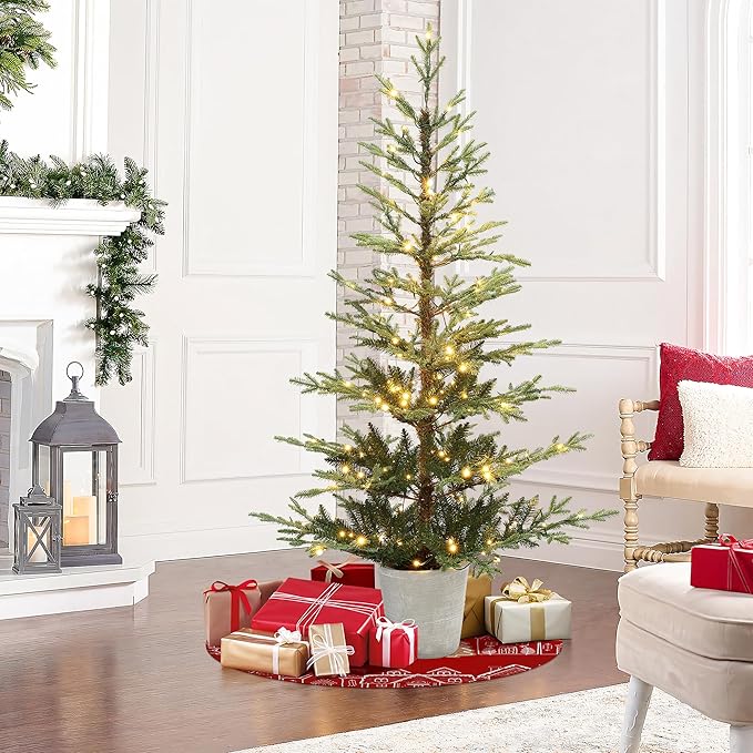 LuxenHome 5FT Potted Christmas Tree with Lights, Slim Small Christmas Trees with 200 Warm White LED Lights, Realistic Fir Artificial Xmas Tree with White Pot for Holiday Display