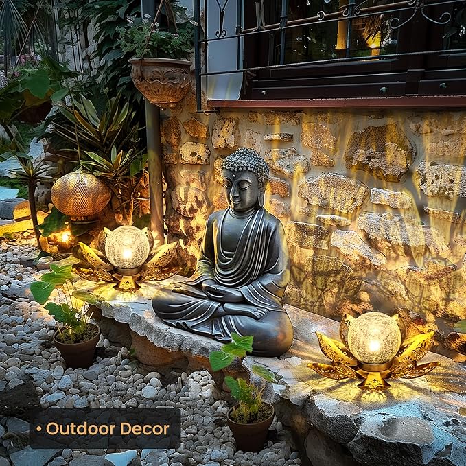 GIGALUMI Solar Lights Outdoor Garden Decor, Adjustable Metal Petal Lotus Flower Lights Crackle Globe Glass Lantern Outdoor Table Decor Waterproof for Patio, Lawn, Pathway, Pond, Christmas Gift