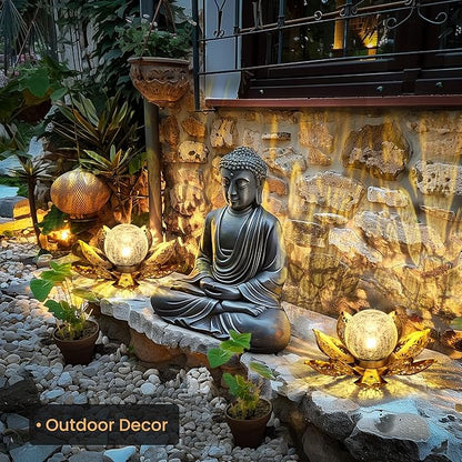 GIGALUMI Solar Lights Outdoor Garden Decor, Adjustable Metal Petal Lotus Flower Lights Crackle Globe Glass Lantern Outdoor Table Decor Waterproof for Patio, Lawn, Pathway, Pond, Christmas Gift