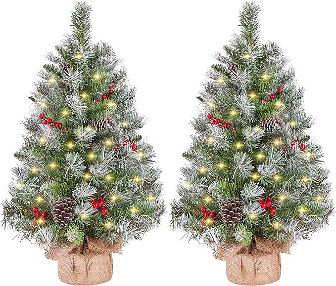 Yaheetech Set of 2 Pre-Lit Artificial Mini Christmas Tree, 3ft Frosted Tabletop Small Christmas Tree with LED Lights, Red Berries & Natural Pinecones for Holiday Decoration