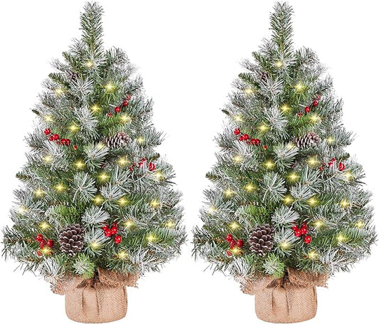 Yaheetech Set of 2 Pre-Lit Artificial Mini Christmas Tree, 3ft Frosted Tabletop Small Christmas Tree with LED Lights, Red Berries & Natural Pinecones for Holiday Decoration