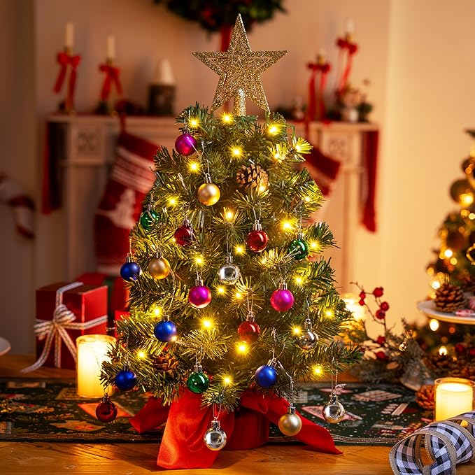 Joiedomi 24"/2FT Prelit Tabletop Christmas Tree with Warm Lights, Holly Berries, Pine Cones for Best Holiday Season Decorations Christmas Decoration Tree Decor for Indoor Xmas Tabletop Decor