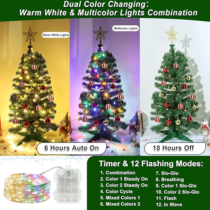 3FT PVC Green Christmas Tree Tinsel with 50 Warm White & Multi Color Fariy Light 3D Star 15 Ball Ornament, 12 Light Modes Timer Battery Operated Small Artificial Full Xmas Tree Indoor Holiday Decor