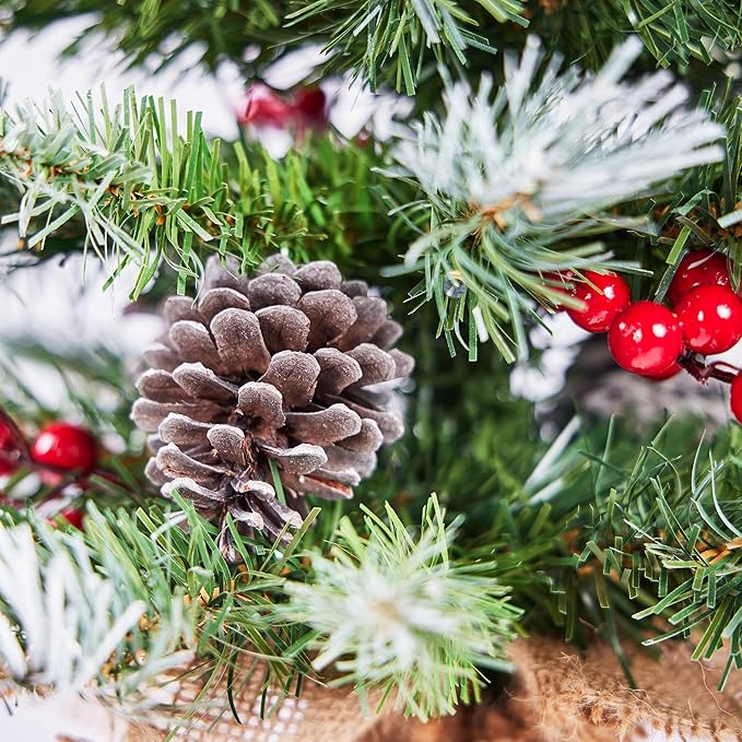 Yaheetech Set of 2 Pre-Lit Artificial Mini Christmas Tree, 2ft Frosted Tabletop Small Christmas Tree with LED Lights, Red Berries & Natural Pinecones for Holiday Decoration