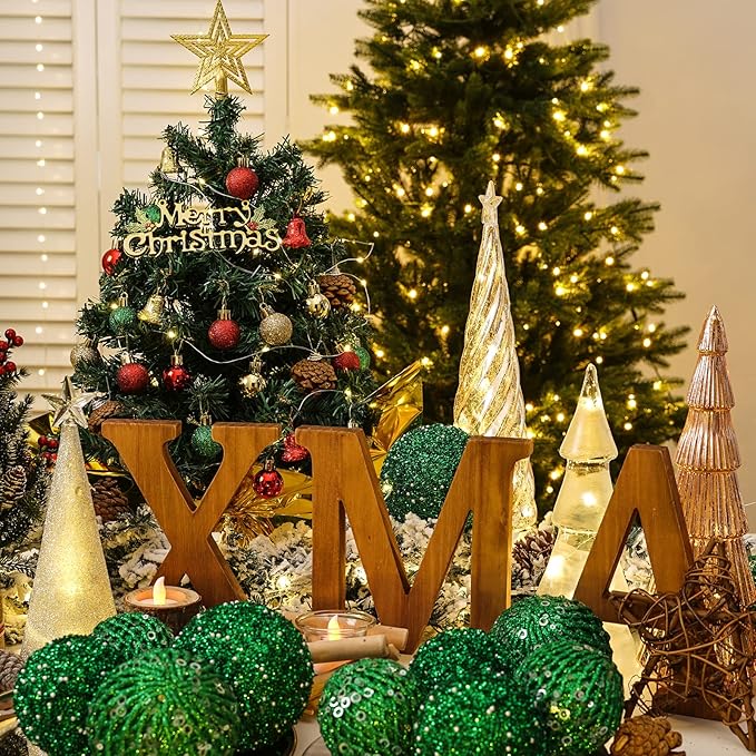 XmasExp 20in Mini Christmas Tree Artificial Small Christmas Tree with Lights,Star Treetop,Ornaments Balls,Bells and Pine Cones DIY Xmas Decorations Green