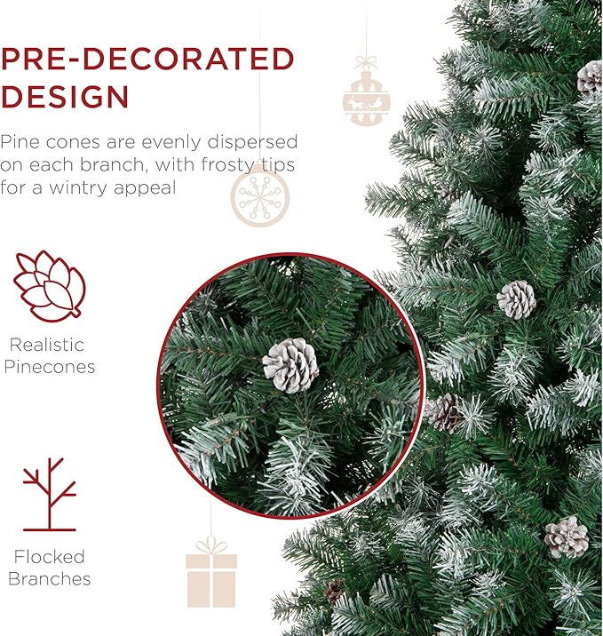 Best Choice Products 4.5ft Pre-Decorated Holiday Christmas Tree for Home, Office, Party w/450 Tips, Partially Flocked, Pinecones, Base – Green