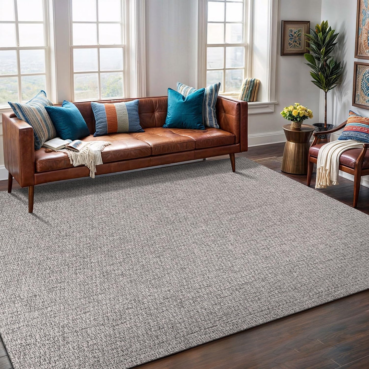 Easy Jute Rug 9x12 Indoor Outdoor Natural Rugs Solid Fiber Rug Woven Area Rug Boho Easy Clean Inside Carpet for Living Room Bedroom Dining Room Hallway or Outdoor Patio Porch (9 X 12 Silver)