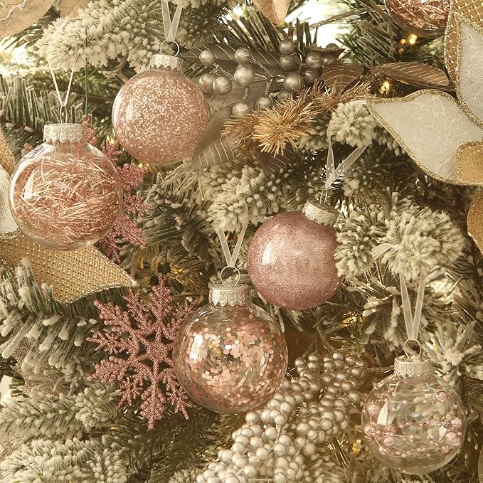 Sea Team Shatterproof Clear Plastic Christmas Ball Ornaments Decorative Xmas Balls Baubles Set with Stuffed Delicate Decorations (60mm/2.36 inch 30-Pack, Pinkish Gold)