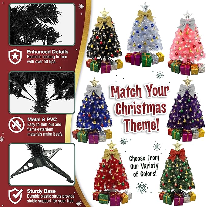 Small Black Christmas Tree with Lights - 23 Inch Mini Tabletop Christmas Tree with Warm-White LED Lights, Hanging Ornaments, Decorative Bow and Gift Boxes - Table Tree for DIY Christmas Decoration